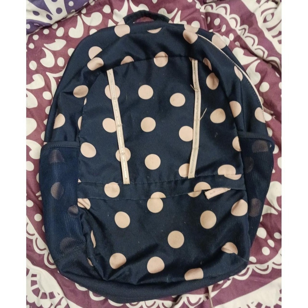 Lands' End Navy Blue & Pink Polka Dot Full Size Backpack